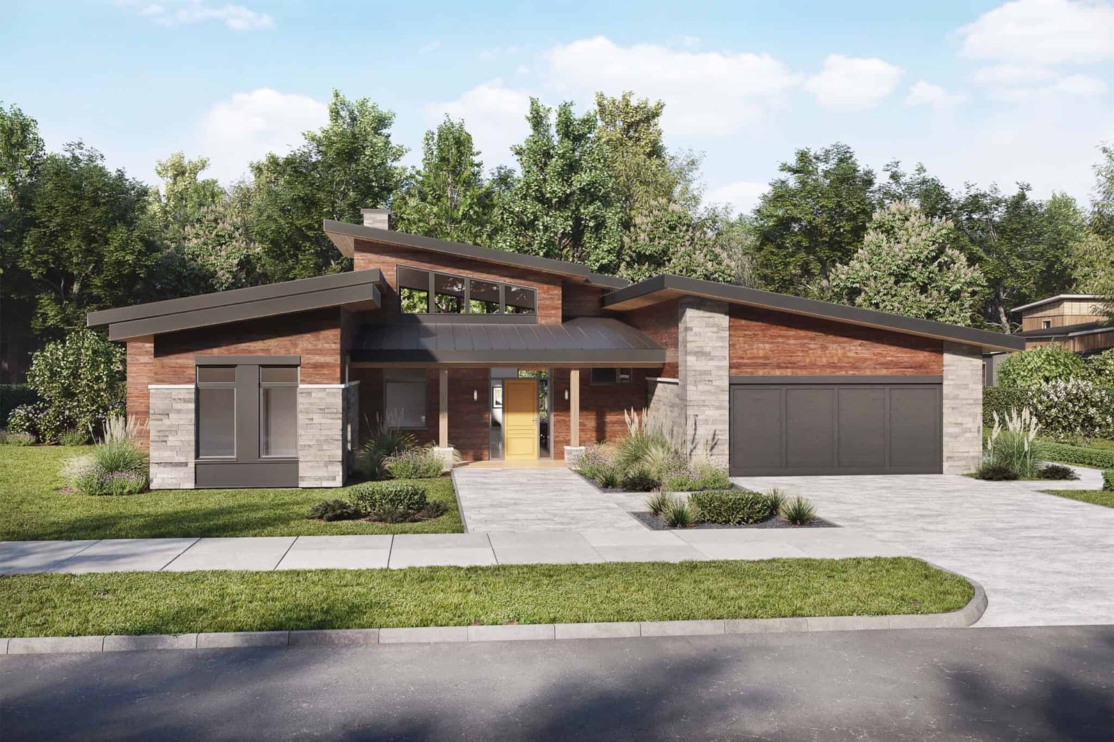 Exterior Rendering of Truoba 322 Contemporary House Plan with Wood and Stone Accents