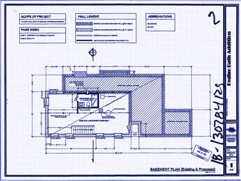 Basement floor plan from an approved permit set (RS:18-130784) by BDS Portland, drafted by Luis F. Miramontes, showcasing code-compliant residential architectural drafting.
