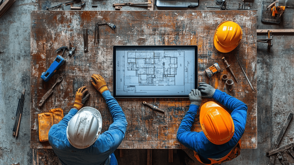 Three construction workers reviewing blueprints, symbolizing collaboration in creating building-code-compliant architectural designs in Portland, OR.