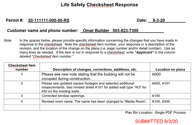 Permit Review Process: Life and Safety Checksheet Response Image