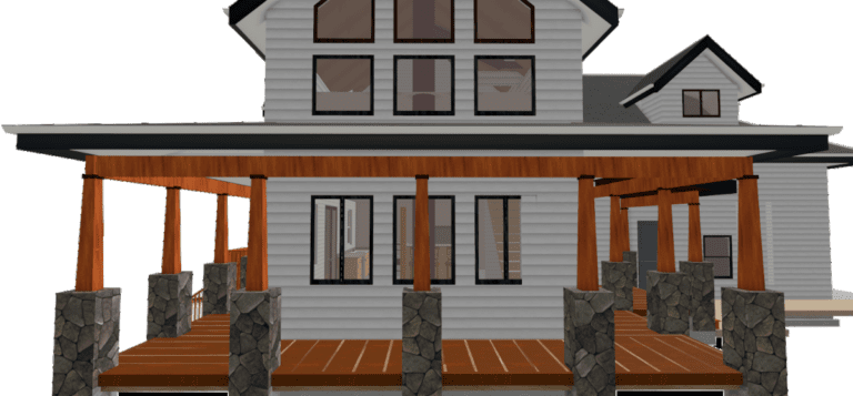 Partial exterior elevation of a two-story home featuring a front, side, and rear porch, designed with house blueprints made online for easy access and modification.
