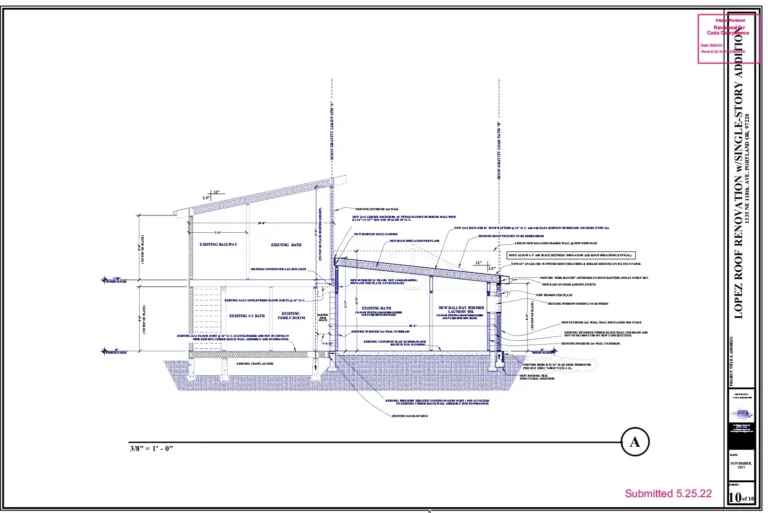 Sectional A drawing of Ramon Lopez residence in SE Portland, Oregon, created by experienced architectural CAD drafter Luis F. Miramontes.