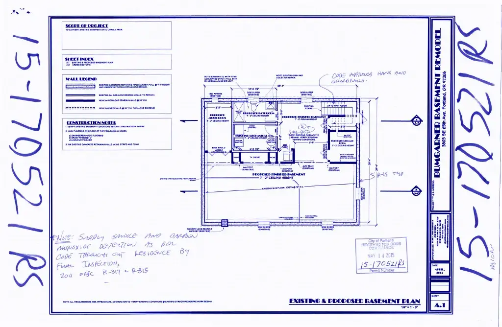 Floor plan approved for construction in Portland, Oregon. CAD drafting service near me. City of Portland 2015 construction permit #15-170521-RS.