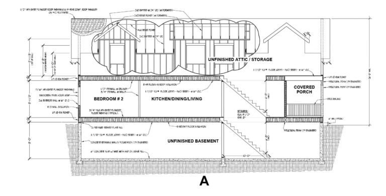 Cross-sectional drawing showcasing a house plan with basements