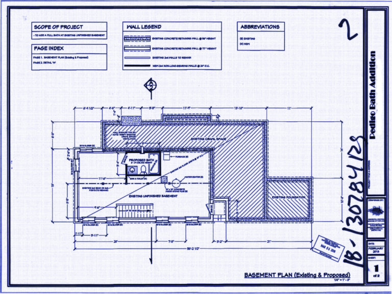 Basement floor plan from an approved permit set (RS:18-130784) by BDS Portland, drafted by Luis F. Miramontes, showcasing code-compliant residential architectural drafting.