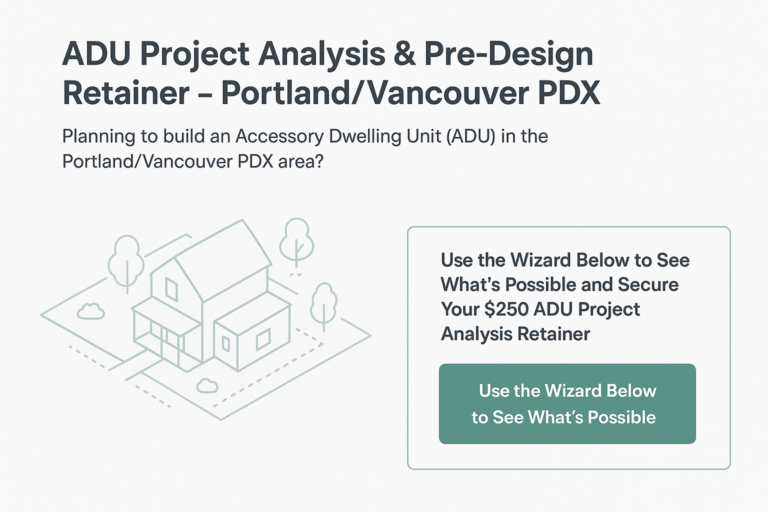 ADU feasibility wizard for Portland and Vancouver PDX showing project analysis and pre-design retainer options