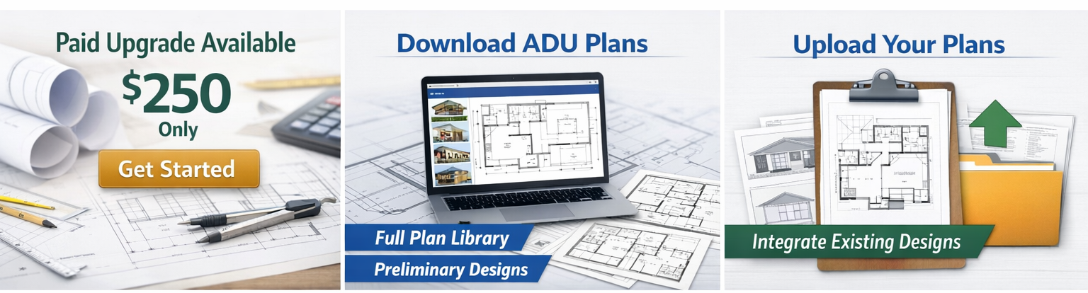 ADU Wizard paid upgrade workflow showing $250 upgrade, plan library downloads, and plan upload for revisions