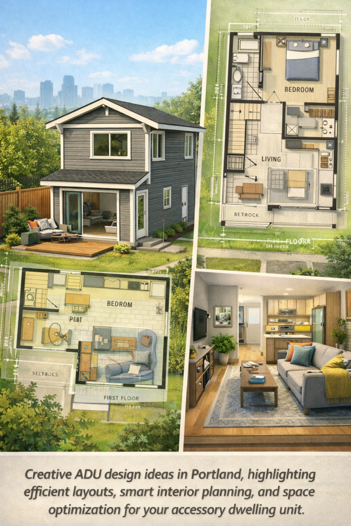 Creative ADU design ideas in Portland, featuring a modern two-story accessory dwelling unit, floor plan overlays, efficient interior layouts, and space optimization concepts.
