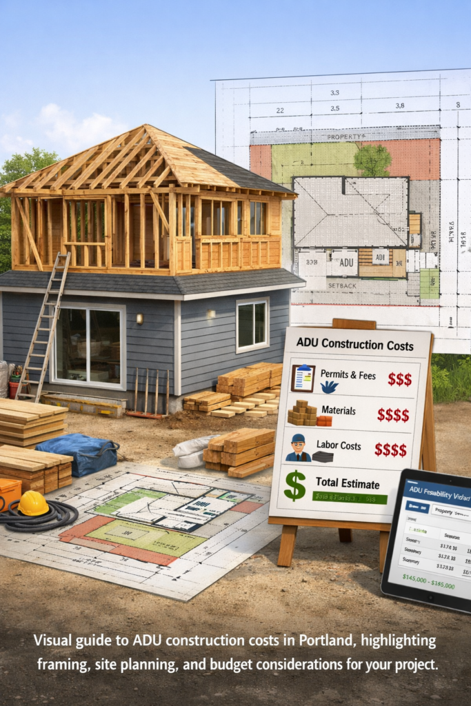 ADU construction in Portland showing two-story framing, site plan, and cost budgeting chart for estimating ADU construction expenses