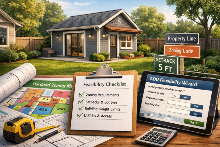 ADU feasibility Portland showing backyard ADU concept with zoning map, setbacks, and feasibility checklist