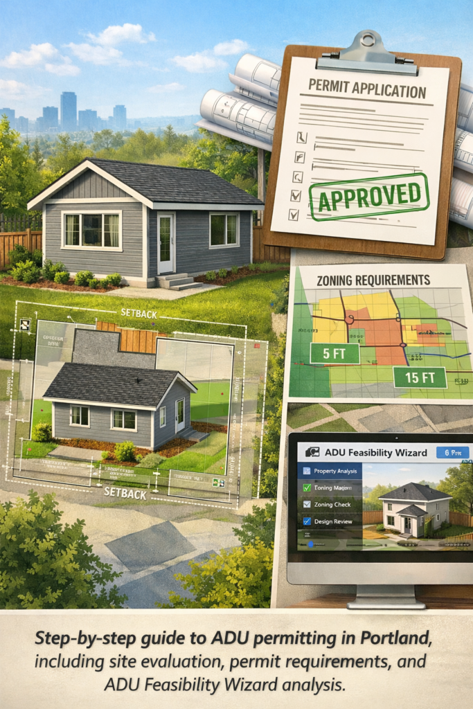 ADU construction in Portland showing two-story framing, site plan, and cost budgeting chart for estimating ADU construction expenses