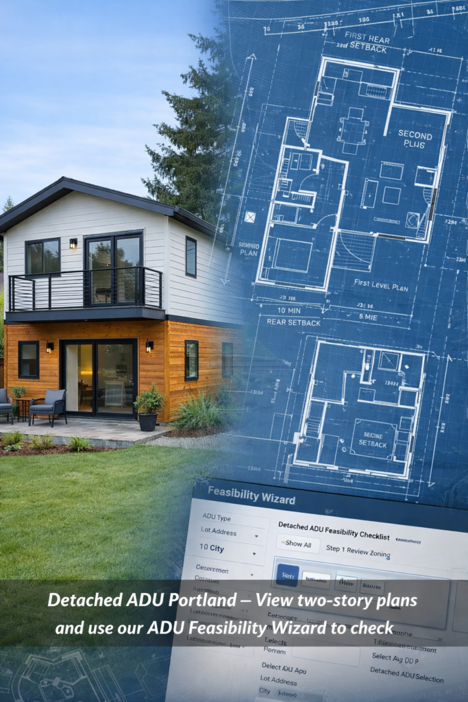 Detached ADU Portland with two-story design, floor plans, and ADU feasibility wizard interface