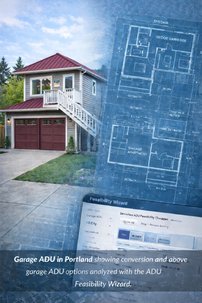 Garage ADU Portland with above-garage conversion, hip metal roof, floor plans, zoning setbacks, and ADU Feasibility Wizard analysis