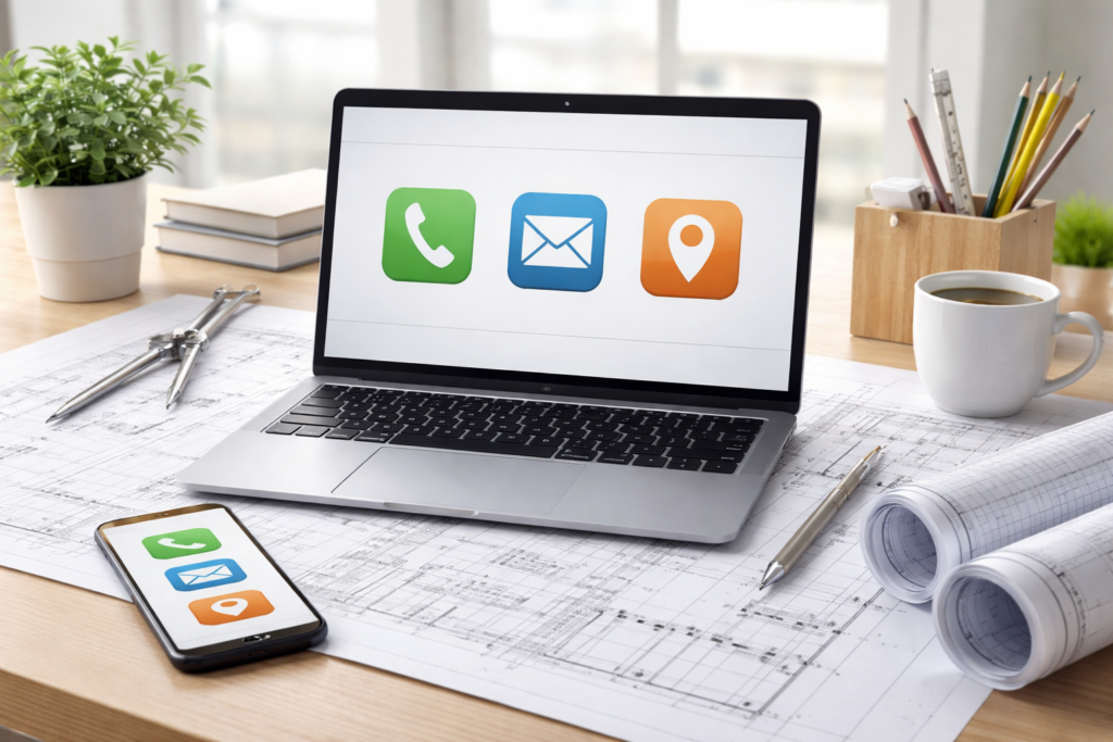 Workspace of Luis F. Miramontes, residential architectural designer, showing laptop and smartphone on a desk with blueprints and workspace essentials