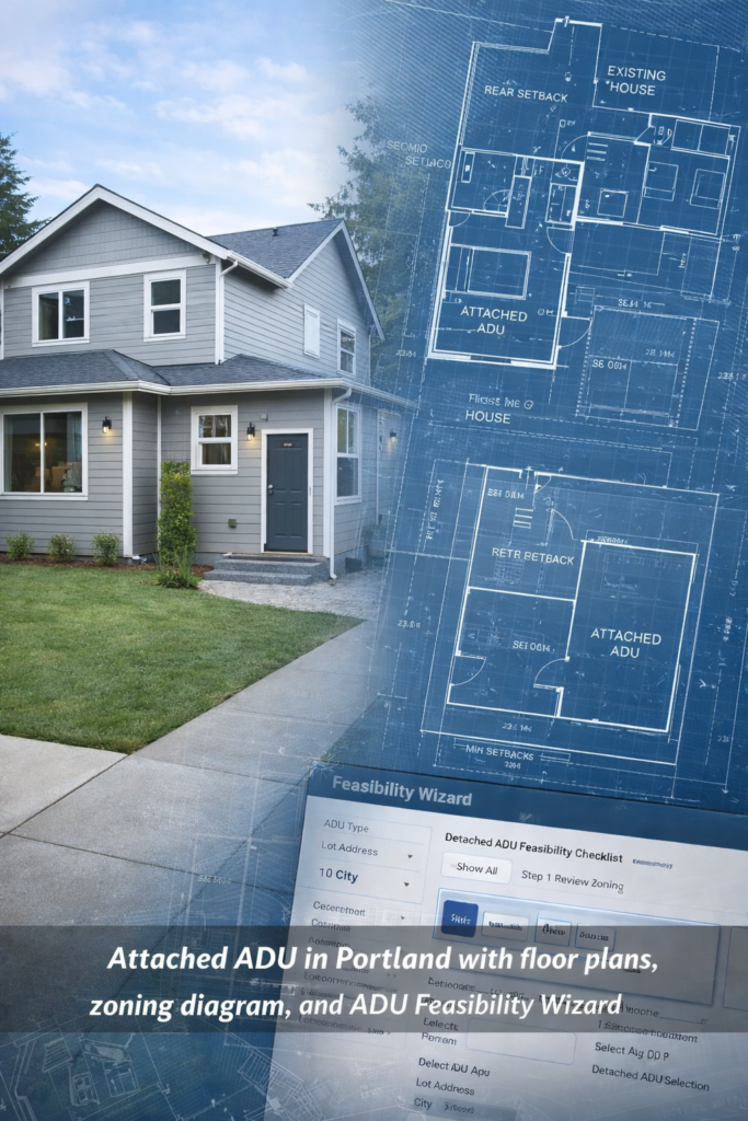 Attached ADU Portland with two-story home design, floor plans, zoning diagram, and ADU Feasibility Wizard interface