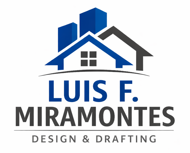 Luis F. Miramontes Design & Drafting mobile logo in blue and black lettering with house and city skyline icon